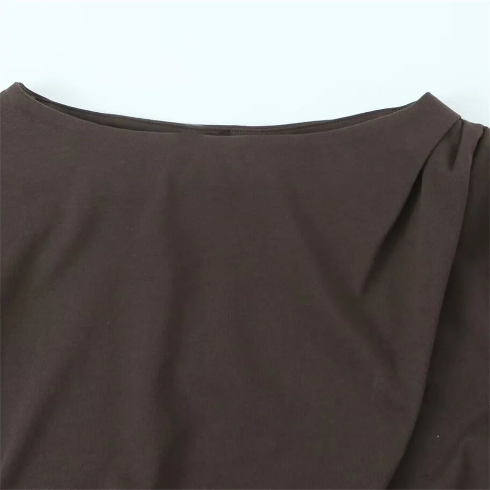 Women's Tri Color Side Folded Decorative T-shirt Round Neck Long Sleeve Spring/Summer New Casual Women's Clothing.