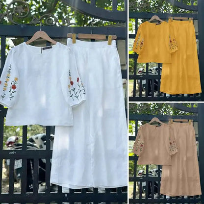 ZANZEA Fashion Women 3/4 Sleeve Embroidery Blouse Pants Sets Autumn 2PCS Floral Tracksuit Casual Loose Wide Leg Trousers Suits.