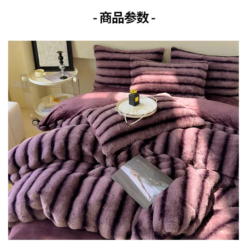 2024 new rabbit velvet milk velvet thickened rabbit fur warm four-piece set, 1.5m 1.8m bed sheet four-piece set.