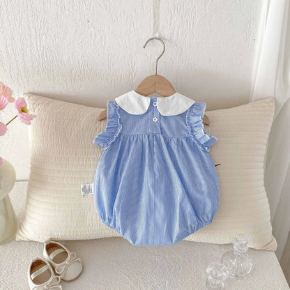 Babykleidung 2025, Sommer-Baby-Body für Mädchen, Baumwolle, ärmellos, für Kleinkinder, blau, weiß, gestreift, Einteiler, süßes Kleinkind-Einteiler.