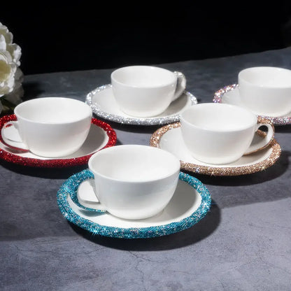 1 Set 210ml Cappuccino Coffee Cup Set Sparkling Rhinestone Ceramic Mugs With Saucer  Afternoon Tea Cup Dessert Plate Tablewar.