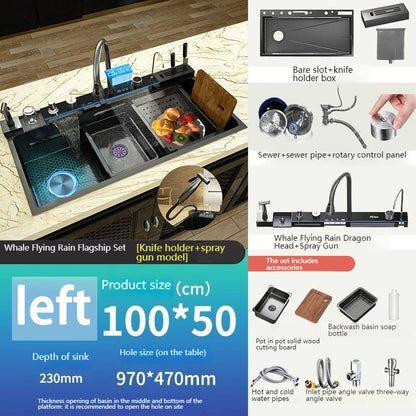 Stainless Steel Waterfall Kitchen Sink New With Draining Rack Digital Display Large Single Slot Dishwashing Sinks Wash Bowl