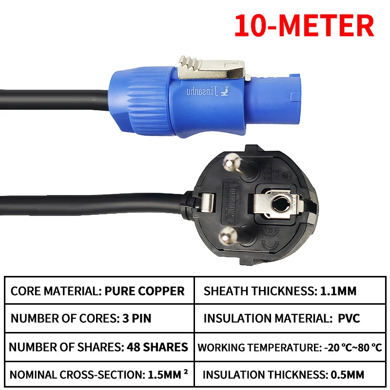 European Schuko Power Extension Cable, 3x1.5mm² for Stage Lighting, LED Beam Lights & Audio Equipment.