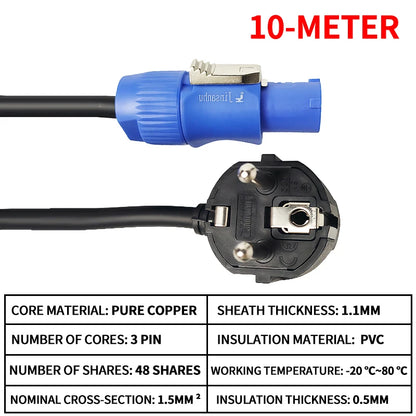 European Schuko Power Extension Cable, 3x1.5mm² for Stage Lighting, LED Beam Lights & Audio Equipment.