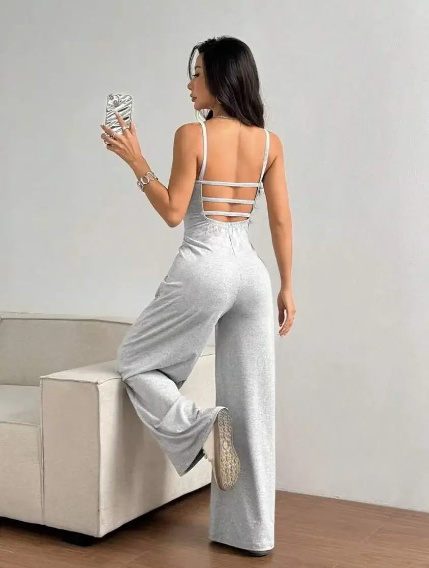 Fashionable Solid Color High Waist Bell Bottom Jumpsuit Backless Strap Casual Women's Long Pants One Piece Suit Female.