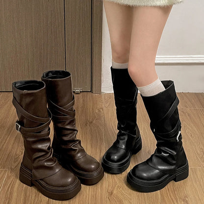 Vintage Thick Heel Women Knight Long Boots Fashion Slip On Knee High Booties Autumn Winter Shoes Zapatos De Mujer.