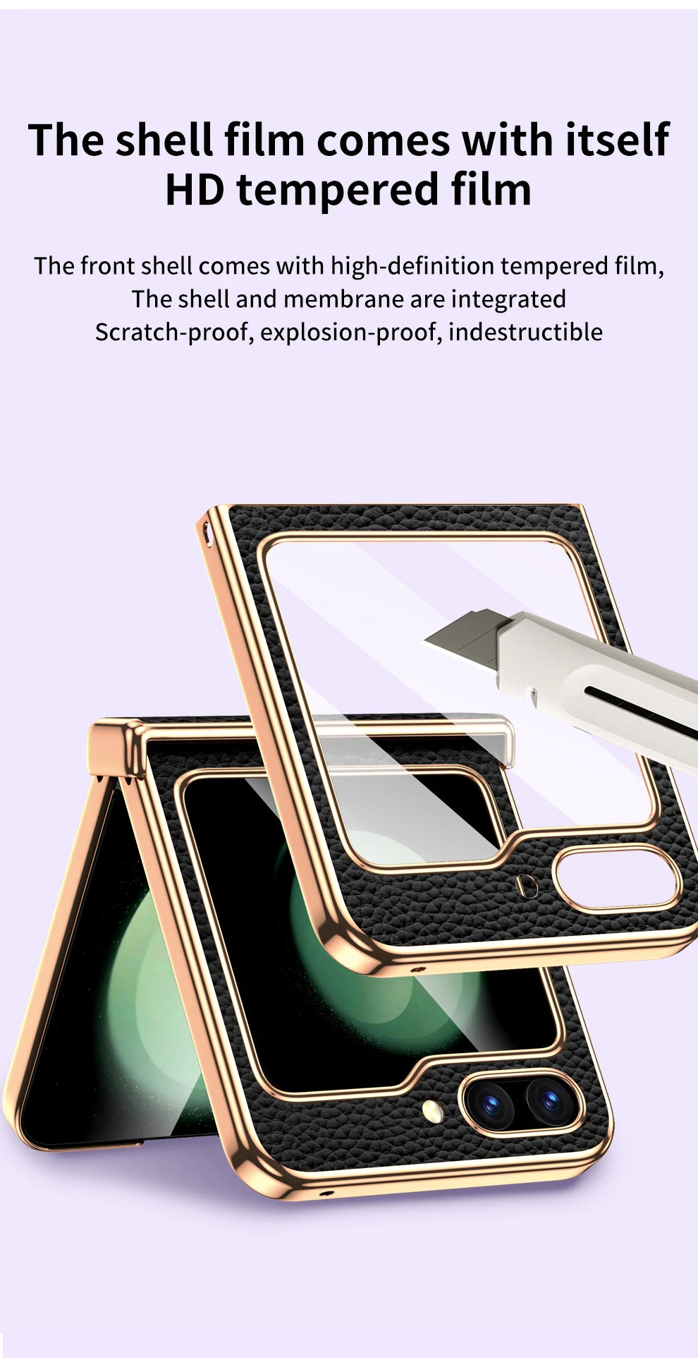 Cowhide Leather Phone Case for Samsung Galaxy Z Flip7 Flip6 Flip5 Flip 7 6 5 Luxury Hinge Protection Cover with Tempered Glass.