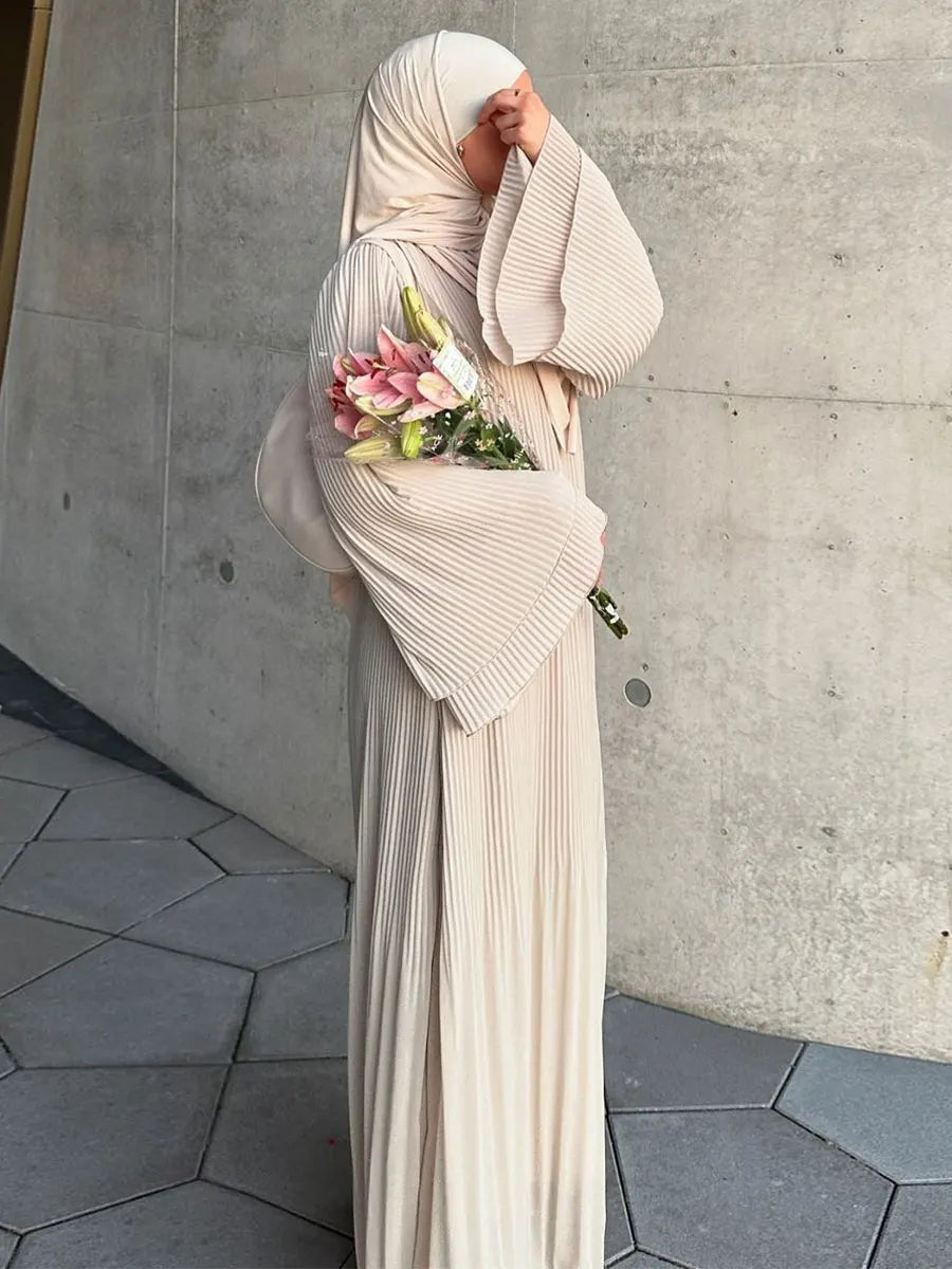Siskakia Ramadan-Muslim Solid Wrinkle Dresses For Women's Dubai  Moroccan Petal Sleeve Abayas O-Neck Elegant Kebaya 2024.