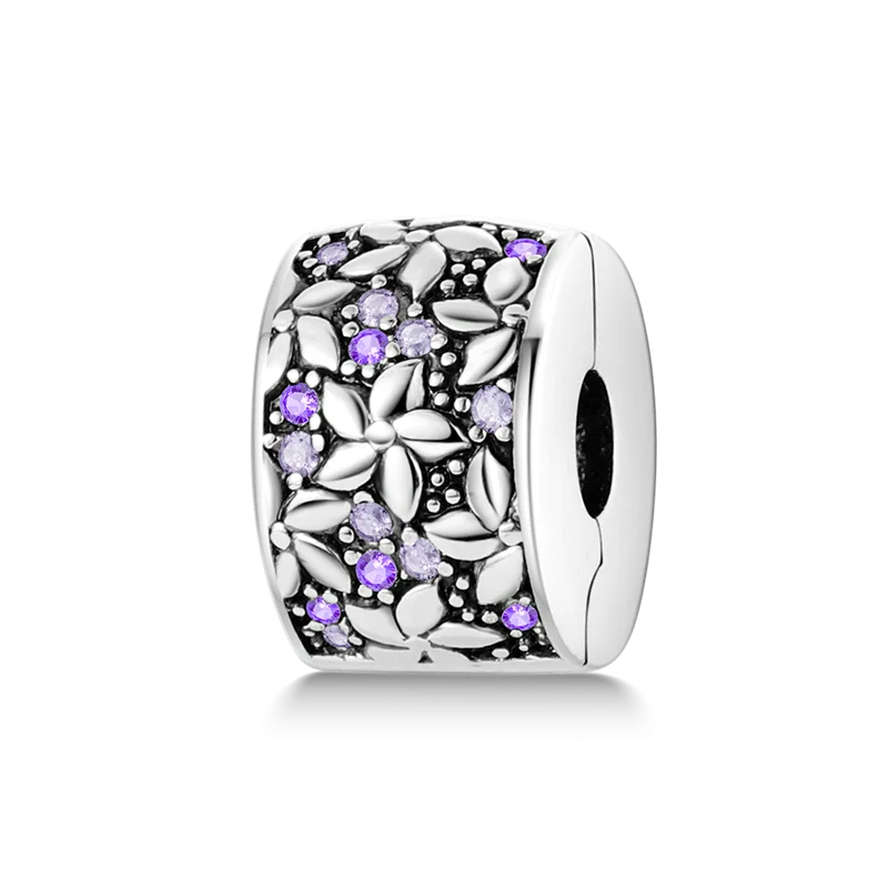Silver Clasp 925 Sterling Silver CZ pave Clip Charms Daisy Beads Stopper Safety Chain fit Original Bangle Bracelet Jewelry Clip