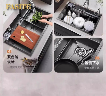 5.0 Thickened Whale Honeycomb Sink Feiyu Waterfall 304 Stainless Steel Handmade Digital Display Single Sink Household Kitchen