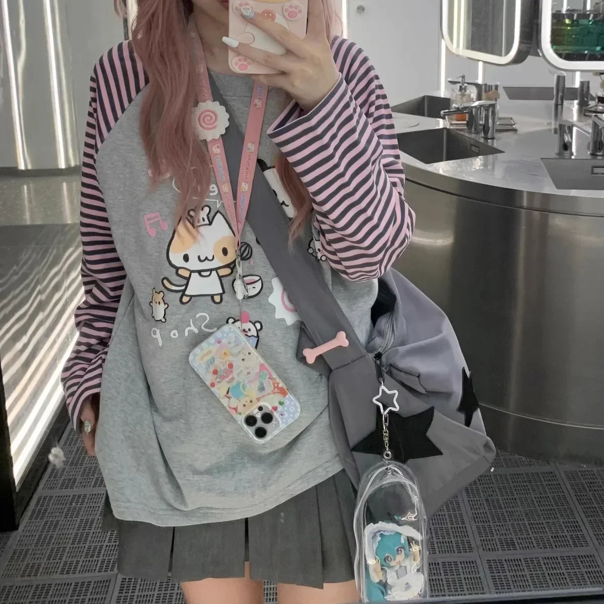 Japan Kawaii Sweet Women T-Shirt O-Neck Stripe Patchwork Long Sleeve Cartoon Print Loose Pullover Casual Cute Top Youth Vitality.