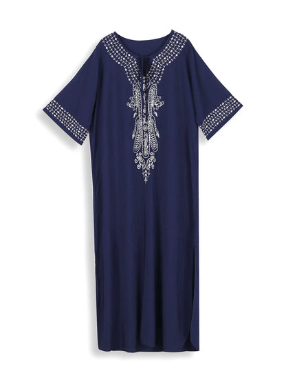 2025 Indie Folk Schnürung V-Ausschnitt Fledermausärmel Sommer Strandkleid Tunika Damen Beachwear Kaftan Maxikleid Robe Sarong Q775.