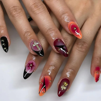 24pcs Sliver Spider Design Fake Nail Halloween Gothic Punk False Nail Tips Wearable European Heavy Metal Almond Press on Nails.