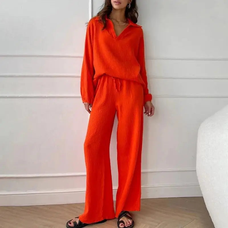Women's Suit Solid Color Casual Loose 2025 Elegant Spring And Summer Fashion New Long-sleeved Lapel Top + Drawstring Pants Suit.