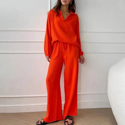Women's Suit Solid Color Casual Loose 2025 Elegant Spring And Summer Fashion New Long-sleeved Lapel Top + Drawstring Pants Suit.