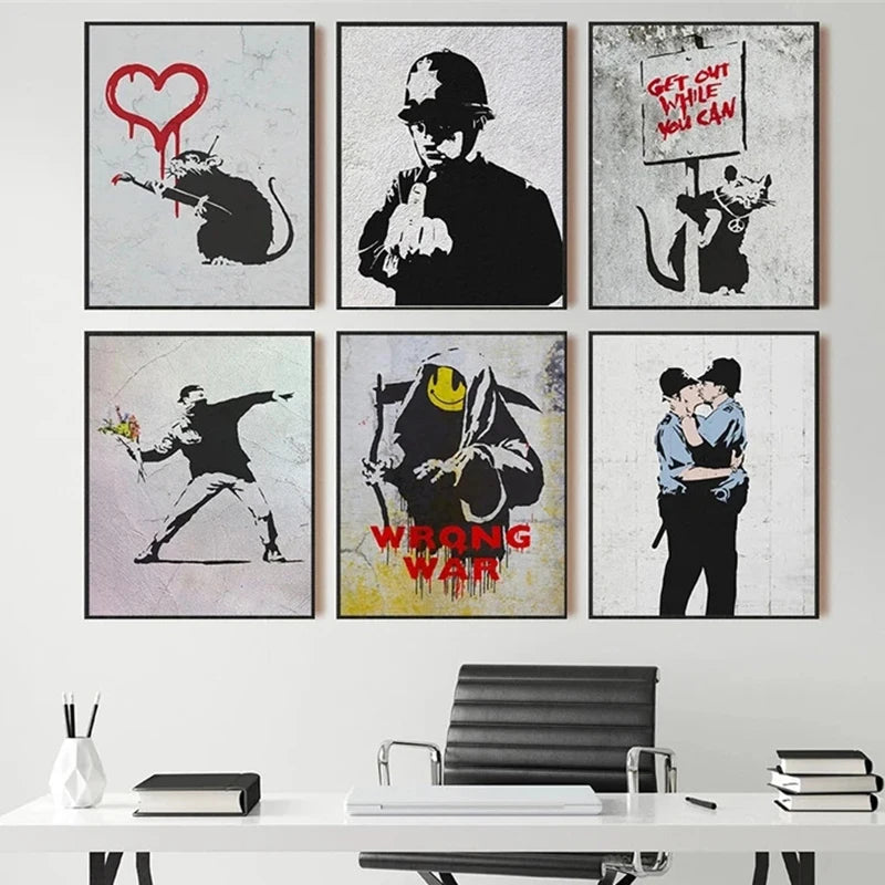Banksy Graffiti Artwork Canvas Painting Prints Wall Art Pictures Girl with Red Balloon Black White Posters Nordic Home Decor.