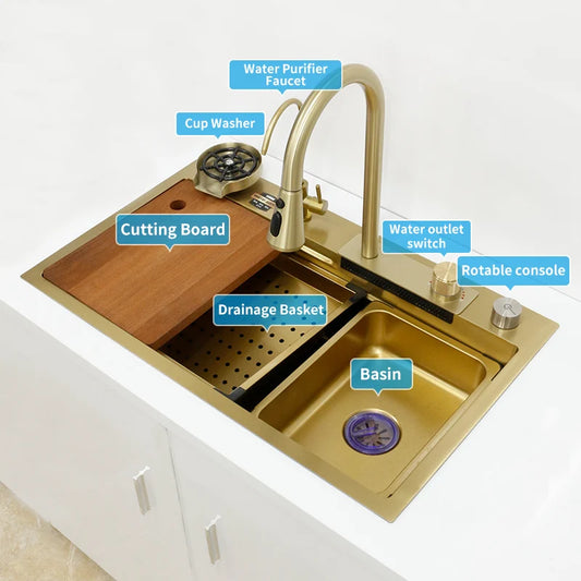 YCRAYS Golden Nano Multifunctional Kitchen Sink 4 Mode Waterfall Faucet Large Single Bowl Soap Dispenser Pure Tap Cup Washer