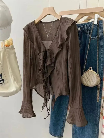 Fashionable Autumn Women's Shirt Elegant Cascading Ruffled Layered Sexy V-Neck Trumpet Sleeve Long Sleeve Women's Casual Shirt.