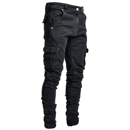 Street Elastic Jeans Men Denim Cargo Pants Wash Solid Color Multi Pockets Casual Mid Waist Trousers Slim Fit Daily Wear Joggers.