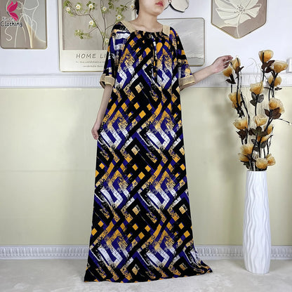 New Muslim Dubai Elegant Dress Summer Short Sleeve African Abaya Printing Cotton Loose Femme Robe Islamic Dresses With Scarf.