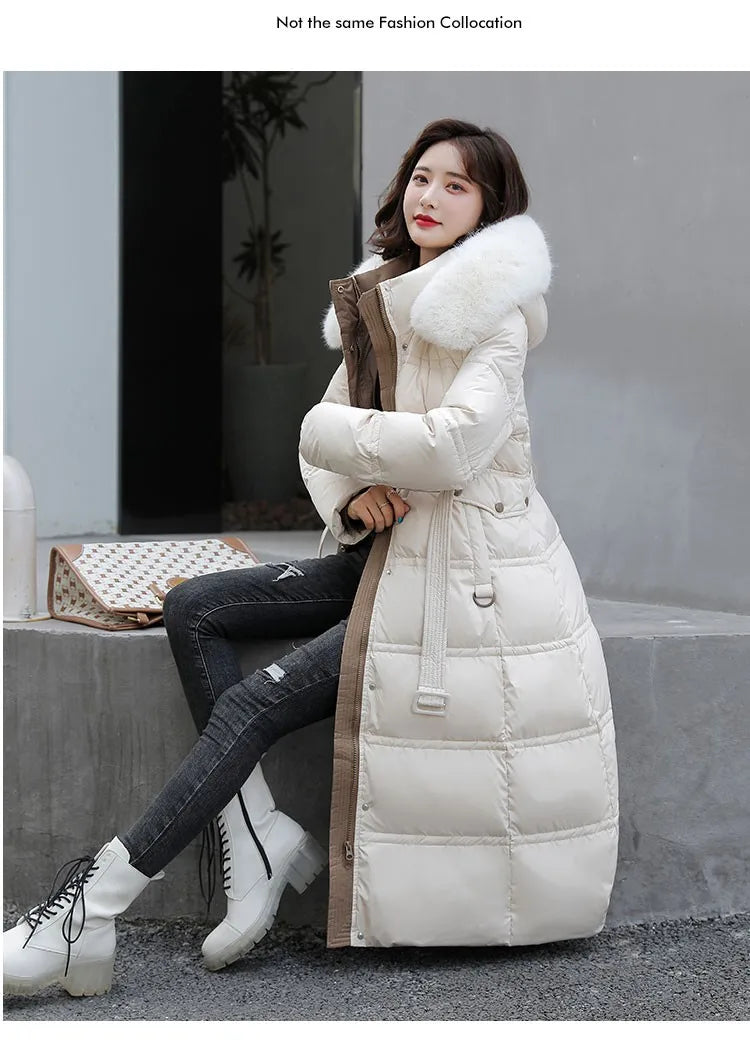 2024 neue Winter frauen Gepolsterte Jacken Mid-länge Modische Mit Kapuze Große Pelz Kragen Lose Dicke Unten Baumwolle Oberbekleidung damen