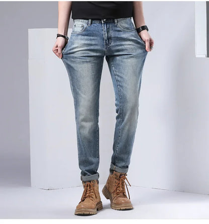 2024 Men's Fashionable Simple Stretch Slim Fit Denim Trousers European Style High Quality Casual Export Men Pants.