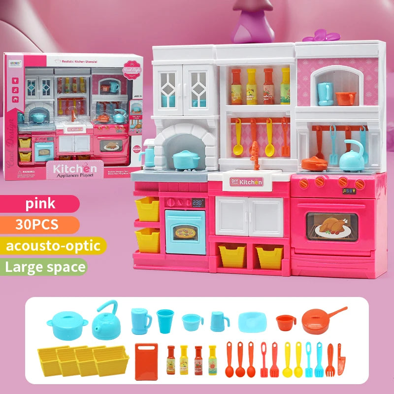 DIY Kid Play House Simulation Kitchen Pretend Toys Kitchenware Lighting and Sounds Cooking Game Set Children Fun Educational Toy.