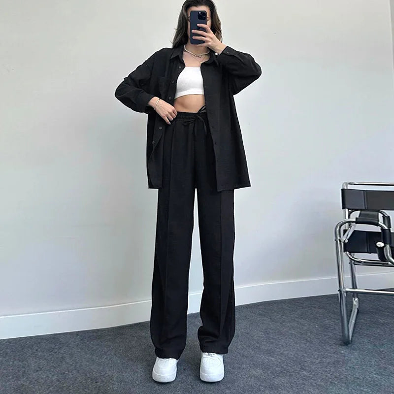 New Autumn Red Women Casual Two-piece Set, Features A Thin Long-sleeved Lapel Shirt Paired with Matching Drawstring Trousers.