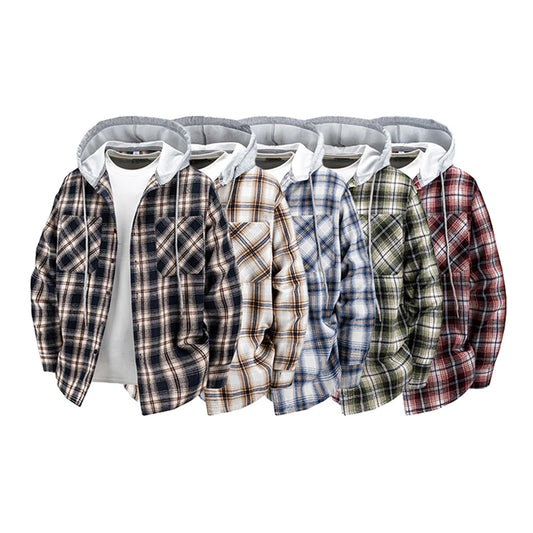 Hooded men's and women's wearable plaid shirts, Japanese shirt jackets for spring and fall, loose-fitting long-sleeve jackets..