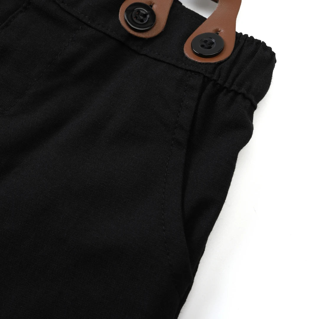 Black & White Classic Baby Boy Clothes Strap Set for Infant 1st Birthday Party Summer Short Sleeve Romper with Solid Shorts Suit.