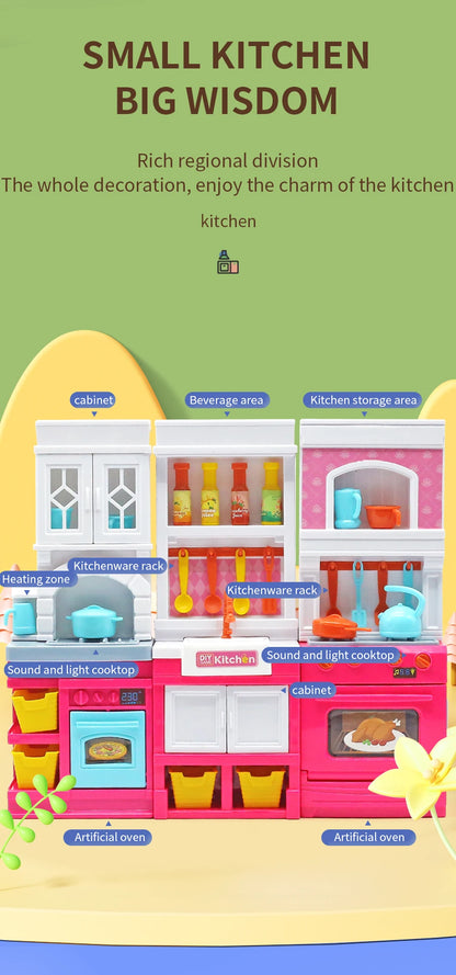 DIY Kid Play House Simulation Kitchen Pretend Toys Kitchenware Lighting and Sounds Cooking Game Set Children Fun Educational Toy.