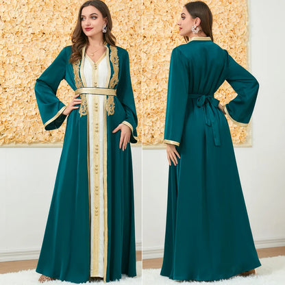 Maßgeschneiderte muslimische Sets, elegante muslimische Frauen, Sommer, langärmelig, V-Ausschnitt, Polyester, lila, 2-teiliges Kleid, Mantel, passende Sets, Muslim.