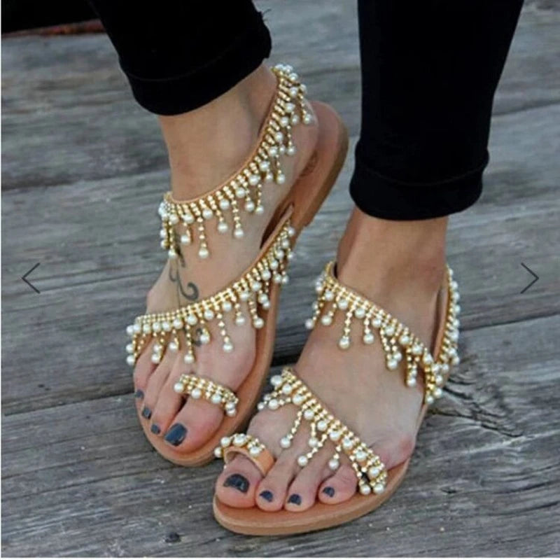 Women's Sandals Pearl Tassels Female Beach Shoes Open Toe Slip on Casual Sandals Fashion Non Slip Flat Womens Shoes Summer New.
