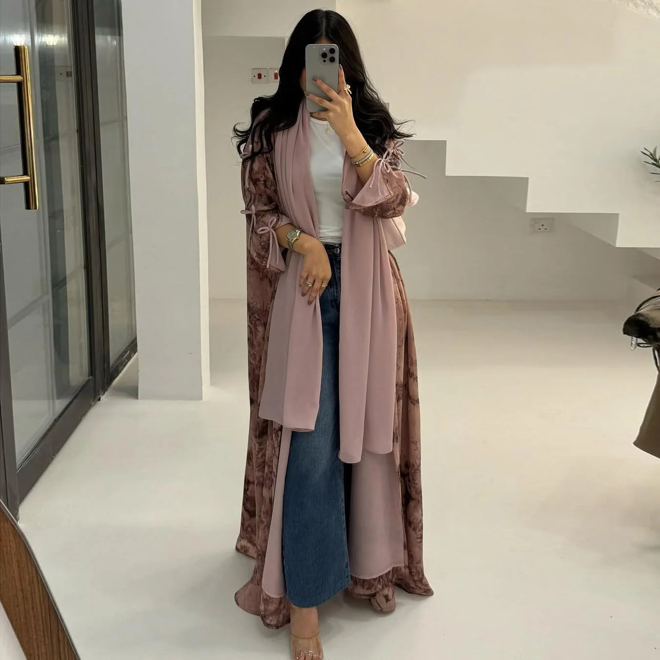 Ramadan Eid Tie Dye Butterfly Bow Muslim Modest Kimono Abaya Damen Dubai Luxury Islam Women Kebaya With Hijab Kaftan Robe Femme.