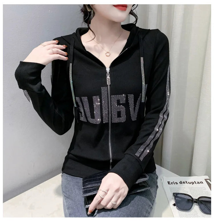 #7937Black Grey Women Hoodies Sweatshirt Tops Pullovers Diamonds Letters Slim Streetwear Short Hoodies Woman Zipper Korean Style.