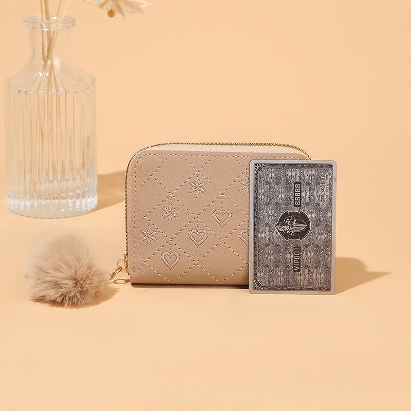 Women Fashion Zipper Wallet with Hairballs Simple Versatile Short Coin Purse Multi-Functional Multi-Card Slot Card Bag.