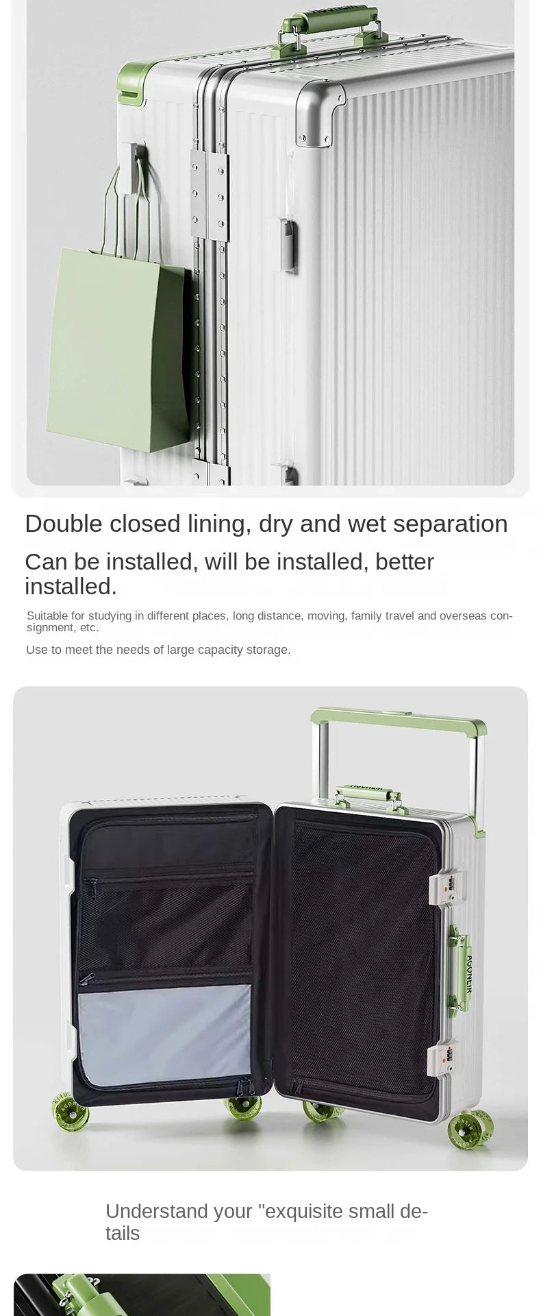 20"24 Zoll Reisekoffer mit breitem Griff, Aluminiumrahmen, Handgepäck, Trolley mit Rollen, Boardingbox, rollende Gepäcktasche.