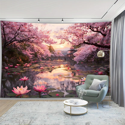 1pc Extra Large Japanese Cherry Blossom Sunset Tapestry - Pink Floral Lakeside Wall Hanging with Lotus Flowers, HD Printed Wrink.