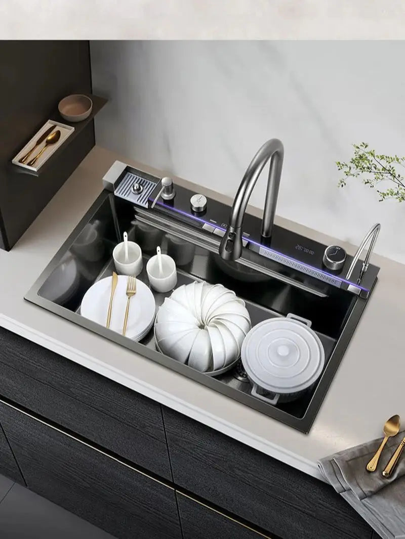 68x46cm Large Capacity Kitchen Sink Faucet Whale Waterfall Design Multifunctional Single Tank Home Appliance Fashionable