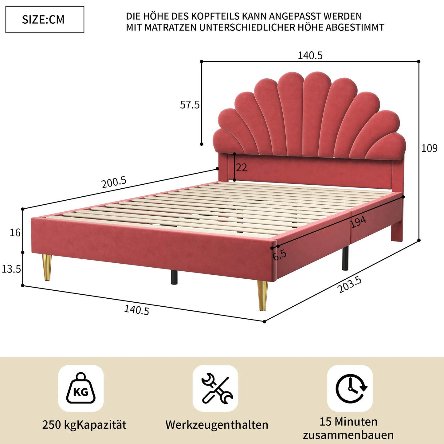 Creahappy Polsterbett – Doppelbett 140 x 200 cm, Doppelbett mit Samtmuster, warm und bequem