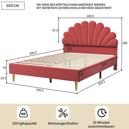 Creahappy Polsterbett – Doppelbett 140 x 200 cm, Doppelbett mit Samtmuster, warm und bequem
