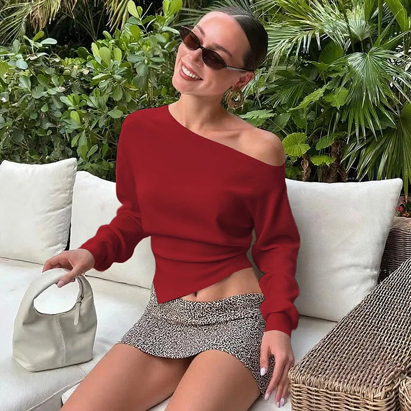 Women Casual Top Fashion Slim Slit Long Sleeve Pullover Top Sexy Strapless Pleated New Party Looks Top Female Streetwear