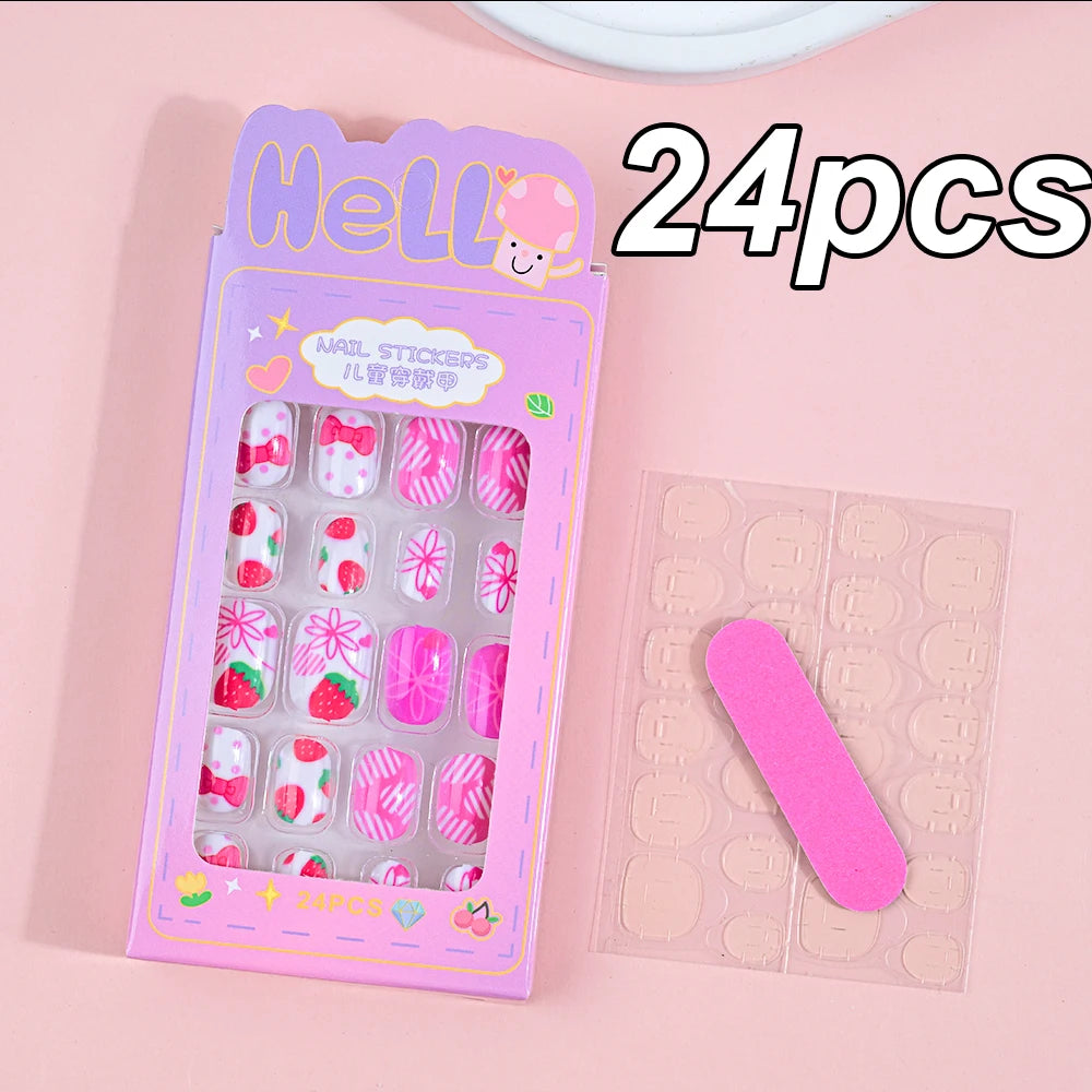 120pcs/box Pink Cartoon Children Press On Nails Candy Color Unicorn Cat Bunny Kids Full Cover False Nail Girls Party Nail Decora