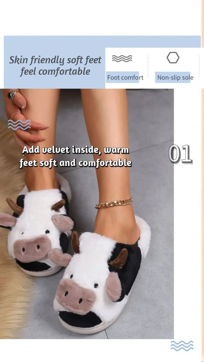 Shevalues Plush Cartoon Milk Cow Slippers Winter Women Slippers Furry Non-Slips Women Cotton Slides Couples Soft Cozy Flat Shoes.