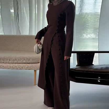 Two Piece Set Women Long Robe Top Wide Leg Pants Suit Ramadan Morocco Dubai Islam Casual Ensemble Femme Muslim Arabic Outfits.