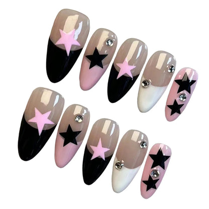 10pcs Handmade Press On Nails Black White Pink French Style False Nails Paches Star Designs Wearable Almond Fake Nail For Women.
