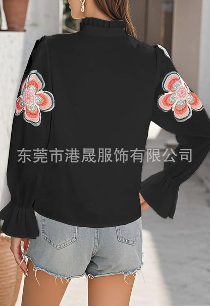 New Fashion American European Women's Printed Casual Trendy Loose V-neck Long Puff Sleeve Simple Basic Shirts Female Clothes.