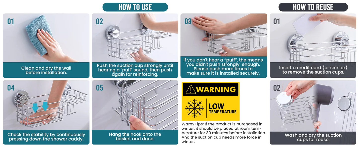 TAILI Dusch-Caddy mit Saugnapf, 2er-Pack mit Haken und Seifenhalter, robuster Badezimmer-Dusch-Organizer, ohne Bohren von Duschregalen