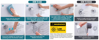 TAILI Dusch-Caddy mit Saugnapf, 2er-Pack mit Haken und Seifenhalter, robuster Badezimmer-Dusch-Organizer, ohne Bohren von Duschregalen