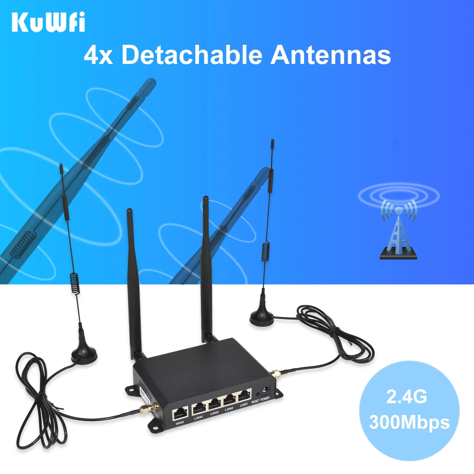 KuWFi 4G LTE WiFi Router 2.4G CAT4 300Mbps RJ45 Port Support VPN DDNS Firewall Function Wall-Mounted External 4pcs Antennas.